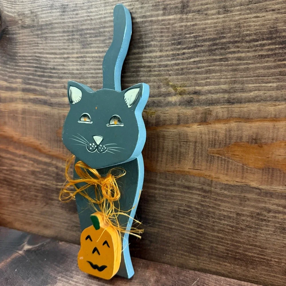 Vintage 1995 Pumpkin Hollow Wooden Black Cat Shelf Sitter Halloween Decor Grey